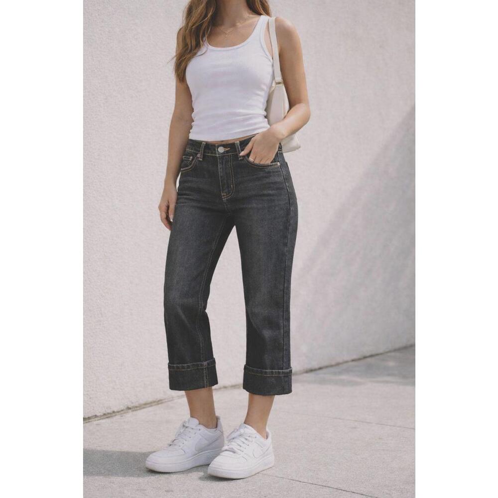 POL Black Denim Wash Jeans Womens Straight Leg Cuffed Hem High Rise Denim Size 6